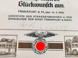 "Direktion der Strassenbahnen und Omnibusse der Stadt Frankfurt am Main" Urkunde  anlässlich eines 25 jährigen Dienstjubiläums 1934. Original gerfahmt, Maße des Rahmen 29 x 39cm