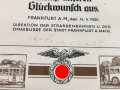 "Direktion der Strassenbahnen und Omnibusse der Stadt Frankfurt am Main" Urkunde  anlässlich eines 25 jährigen Dienstjubiläums 1934. Original gerfahmt, Maße des Rahmen 29 x 39cm