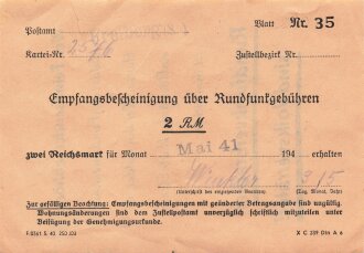 "Empfangsbescheinigung über Rundfunkgebühren" datiert 1941 / Rückseitig Rundfunkverbrecher sind Volksverräter!