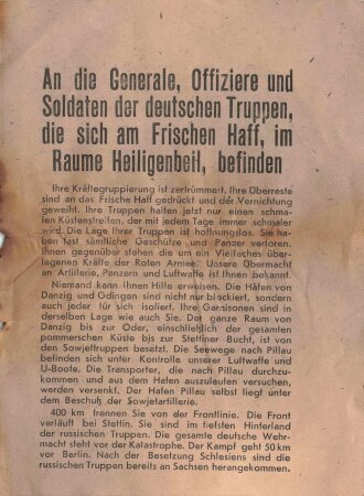 Flugblatt "An die Generale, Offiziere und Soldaten der deutchen Truppen" Der Befehlshaber der 3. Bjelorussischen Front Marschall der Sowjetunion Wassilewsky, datiert 24. März 1945