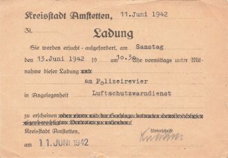 Kreisstadt Amstetten "Ladung zum Polizeirevier in Angelegenheit Luftschutzwarndienst" datiert 1942 
