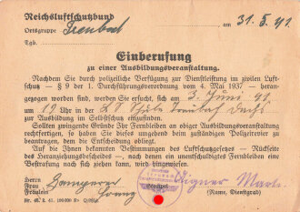 Reichluftschutzbund Ortsgruppe Treubach "Einberufung zu einer Ausbildungsveranstaltung" datiert 1941