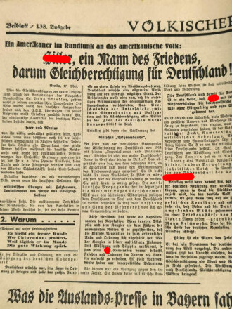Völkischer Beobachter, Süddeutsche Ausgabe, 18. Mai 1933, "Adolf Hitler kündet der Welt Deutschlands Friedenswillen"