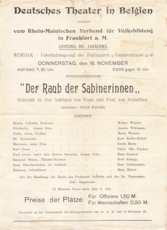 1. Weltkrieg, Deutsches Theater in Belgien, "Der Raub der Sabinerinnen" 