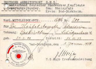 Deutsche Arbeitsfront,"Vorläufige Mitgliedskarte" Bad Dürkheim 1934, gelocht