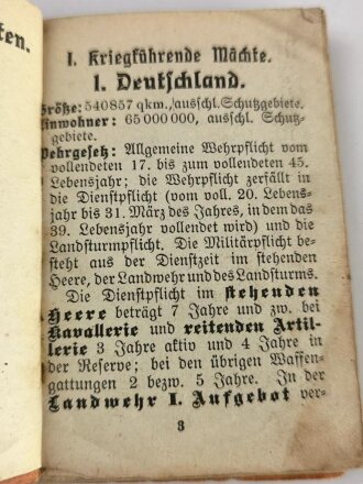 1. Weltkrieg, "Heere und Flotten - Ein Nachschlagewerkchen über die Stärkenverhältnisse der Kriegsführenden Mächte" stark gebraucht, 64 Seiten