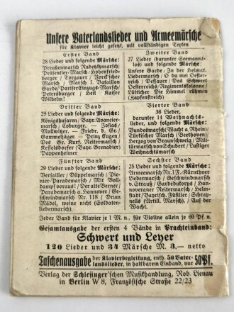 1. Weltkrieg, "Unsere Vaterlandslieder Drittes und viertes Heft" , Umschlag geklebt, stark gebraucht, 35 Seiten