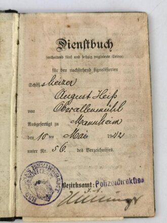 "Dienstbuch eines Schiffsheizers" ausgestellt in Mannheim, gebraucht, 64 Seiten