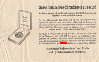 "An die Inhaber des Ehrenkreuzes 1914/18", mehrmals geknickt über DIN A5