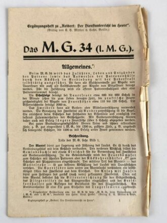 "Das M.G. 34 (I.M.G.)." Ergänzungsheft zu Reibert: Der Dienstunterricht im Heere, stark gebraucht, DIN A5, 15 Seiten