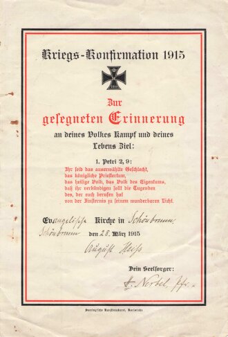 1. Weltkrieg, "Kriegs-Konfirmation 1915 - Zur gesegneten Erinnerung" datiert 1915, fleckig