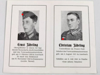 Wehrpaß und Begleitschreiben eines Nähe Kiev Ukraine gefallenen Pionier. Dabei eine Erinnerungskarte für vermutlich zwei ebenfalls Gefallene Brüder.
