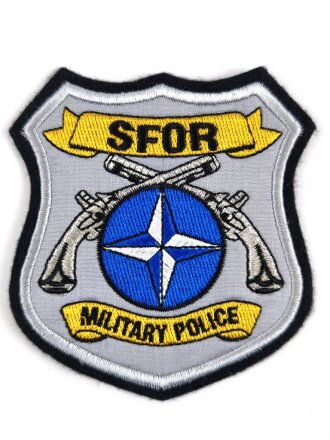 UN Friedenstruppe , Ärmelabzeichen "SFOR Military Police" badge, Rückseitig Klebereste