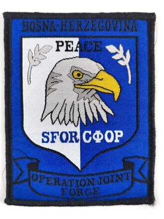 UN Friedenstruppe, Ärmelabzeichen "SFOR Bosna-Herzegovina Operation Joint Forge" badge, Rückseitig Klebereste