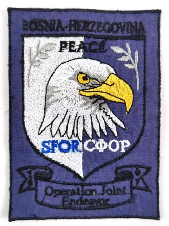 UN Friedenstruppe, Ärmelabzeichen "SFOR Bosna-Herzegovina Operation Joint Forge" badge, Rückseitig Klebereste