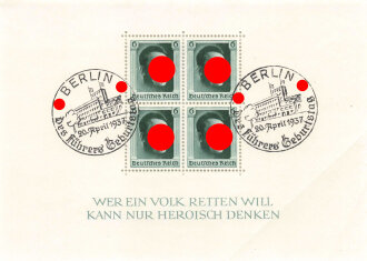 Des Führers Geburtstag 1937, Briefmarkenblock "Wer ein Volk Retten Will kann nur heroisch denken",  ungelaufen