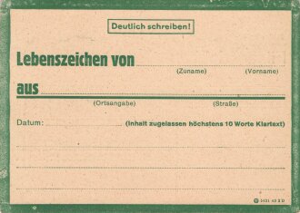 Lebenszeichenkarte grün ( an Feldpostnummer) blanko