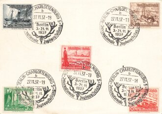 Postkarte mit diversen Sonderstempeln " Internationale Jagdausstellung Berlin 1937"