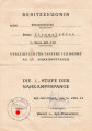 Besitzzeugnis über die 1.Stufe der Nahkampfspange, ausgestellt auf einen Angehörigen im Grenadier Regiment 110 im Juli 1944.