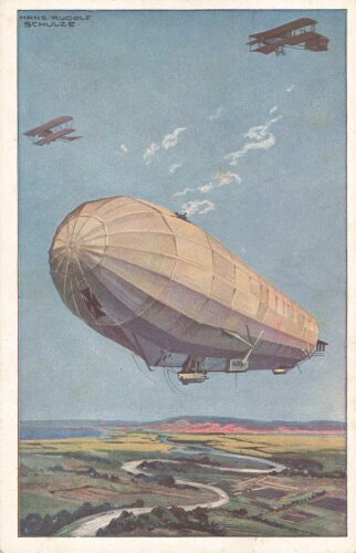 1. Weltkrieg Ansichtskarte "Militärluftkreuzer Hansa im Kampf mit feindlichen Fliegern"