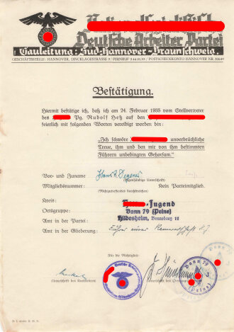 Hitlerjugend Vereidigungsurkunde für einen Angehörigen des  HJ Bann 79 (Peine), 1934, DIN A4, guter Zustand