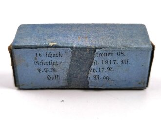 1.Weltkrieg, Pappschachtel für "16 scharfe Pistolenpatronen 08" , datiert 1917