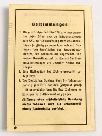 Reichsarbeitsdienst WJ, "Nichtheranziehung zum Reichsarbeitsdienst" datiert 1941