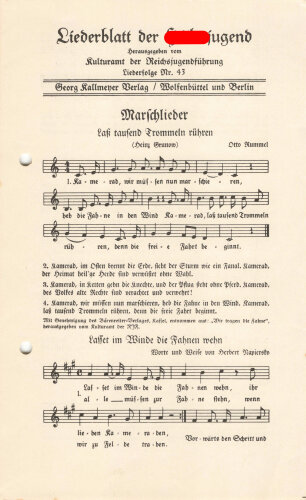 Liederblatt der Hitlerjugend, Liederfolge Nr. 43, gelocht
