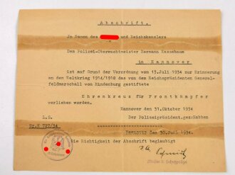 Ehrenkreuz für Frontkämpfer, Hersteller R.V. Pforzheim 29 mit Verleihungsurkunde an einen Polizei- Oberwachtmeister in Hannover, Urkunde gerissen und geklebt