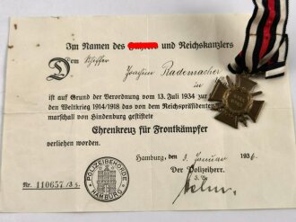 Ehrenkreuz für Frontkämpfer, Hersteller L.NBG. mit Verleihungsurkunde aus Hamburg, Urkunde gefaltet
