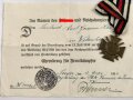 Ehrenkreuz für Frontkämpfer am Band, Hersteller R.V. 25 Pforzheim  mit Verleihungsurkunde für einen Landwirt aus Webenheim, Urkunde gefaltet