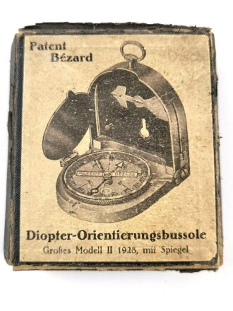 "Bezard" Diopter Orientierungsbussole, Großes Modell II 1928, mit Spiegel. Guter Zustand, Verpackung defekt