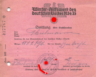 Winter Hilfswerk des deutschen Volkes 1934/35 " Quittung über Sachspenden"