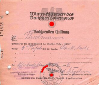 Winter Hilfswerk des deutschen Volkes 1936/37" Quittung über Sachspenden"