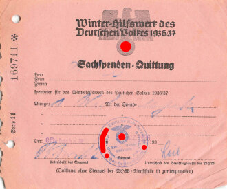Winter Hilfswerk des deutschen Volkes 1936/37" Quittung über Sachspenden"