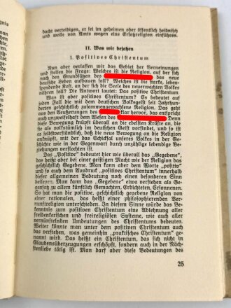 "Positives Christentum in neuen Staat" von Professor Cajus Fbricius, Dresden 30iger Jahre. Einband mit Wachsflecken, sonst gut