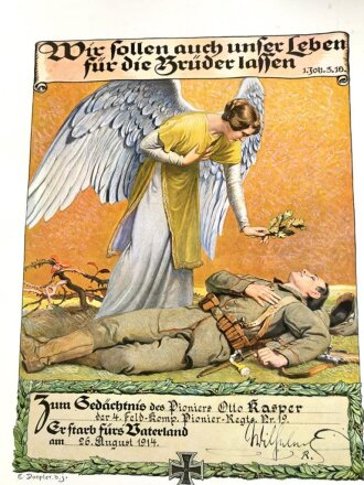 1.Weltkrieg, Gedenkblatt eines 1914 Gefallenen Angehörigen im Pionier Regiment 19. Mit zugehöriger Versandrolle und Beiblatt