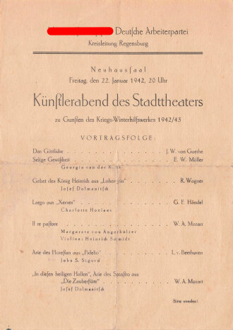 NSDAP Kreisleitung Regensburg, Künstlerabend zu Gunsten des Kriegs-Winterhilfswerkes 1942/43