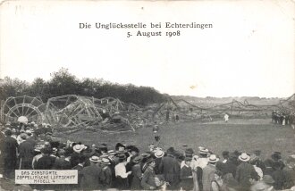 Ansichtskarte "Die Unglückstelle bei Echterdingen 5.August 1908, Das zerstörte Zeppelinsche Luftschiff Modell 4"