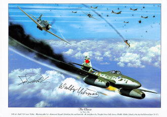 Luftwaffe, DIN A4 Druck " The Chase"  Mustang Pilot Joseph Peterburs und Ritterkreuzträger Walter Schuck, jeweils mit eigenhändiger Unterschrift.