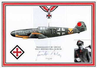Luftwaffe, DIN A4 Druck Ritterkreuzträger Günther Rall samt eigenhändiger Unterschrift.