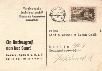 Saarabstimmung 1935 " Ein Kardexgruß von der Saar !" gelaufen 1935