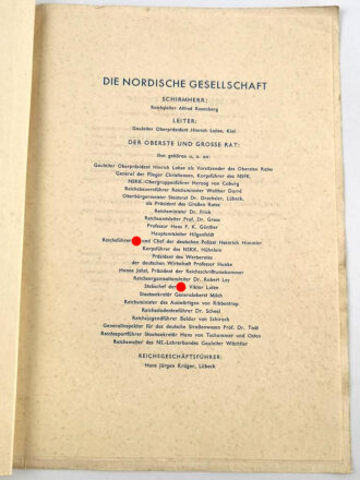 "Die Nordische Gesellschaft" Fünfseitige Informationsbroschüre mit Umschlag, etwas über DIN A4. Letzte Seite datiert 1937