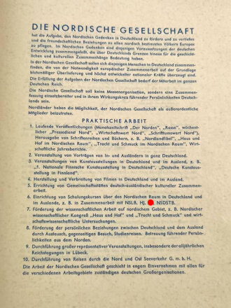 "Die Nordische Gesellschaft" Fünfseitige Informationsbroschüre mit Umschlag, etwas über DIN A4. Letzte Seite datiert 1937