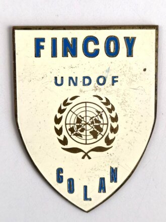 UNO Finnland, Metallabzeichen FINCOY UNDOF GOLAN " Israel/ Syrien- Einsatz/ Golan- Kompanie " Gesamthöhe 58 mm, Rückseiitg mit Kleberesten