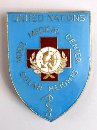 UNO Österreich, Metallabzeichen UNITED NATIONS MOBIL MEDICAL CENTER GOLAN HEIGHTS"  " Israel / Syrien- Einsatz / Mobil Medical Center " Gesamthöhe 58 mm
