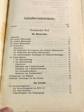 "Handbuch für den Minenwerfer", datiert 1917, 298 Seiten und 15 Tafeln, gebraucht