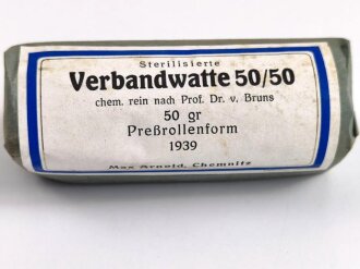 "Verbandwatte 50 gr Preßrollenform" Breite 12cm, datiert 1939