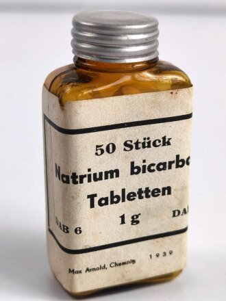 Glasbehälter " Natrium  bicarbon. Tabletten" Für Luftschutzzwecke. Datiert 1939, Höhe 9 cm