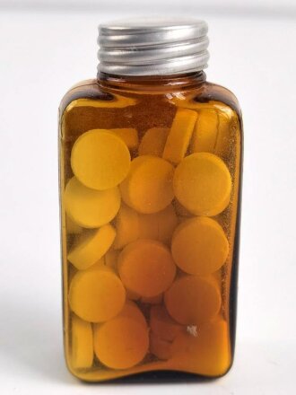 Glasbehälter " Natrium  bicarbon. Tabletten" Für Luftschutzzwecke. Datiert 1939, Höhe 9 cm